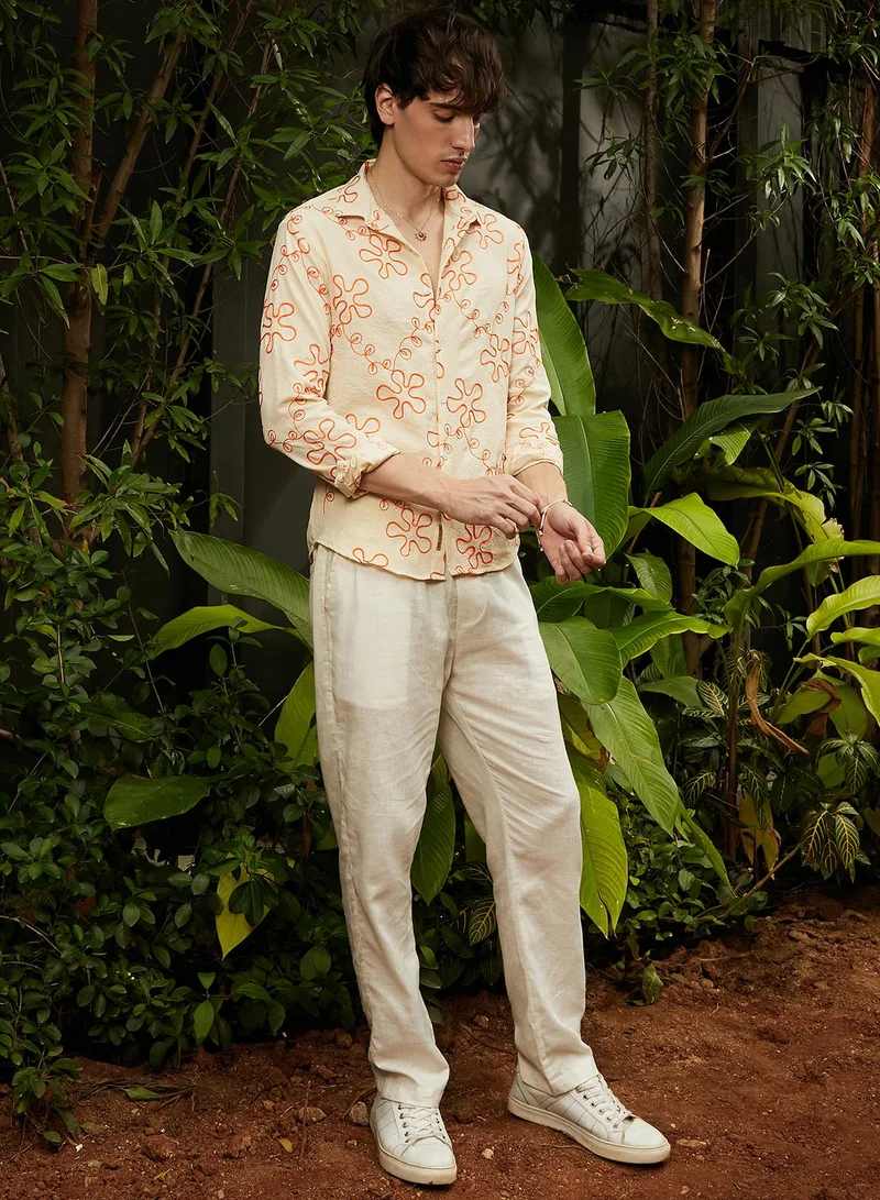Campus Sutra Men's Peach Orange Flora-Weave Shirt