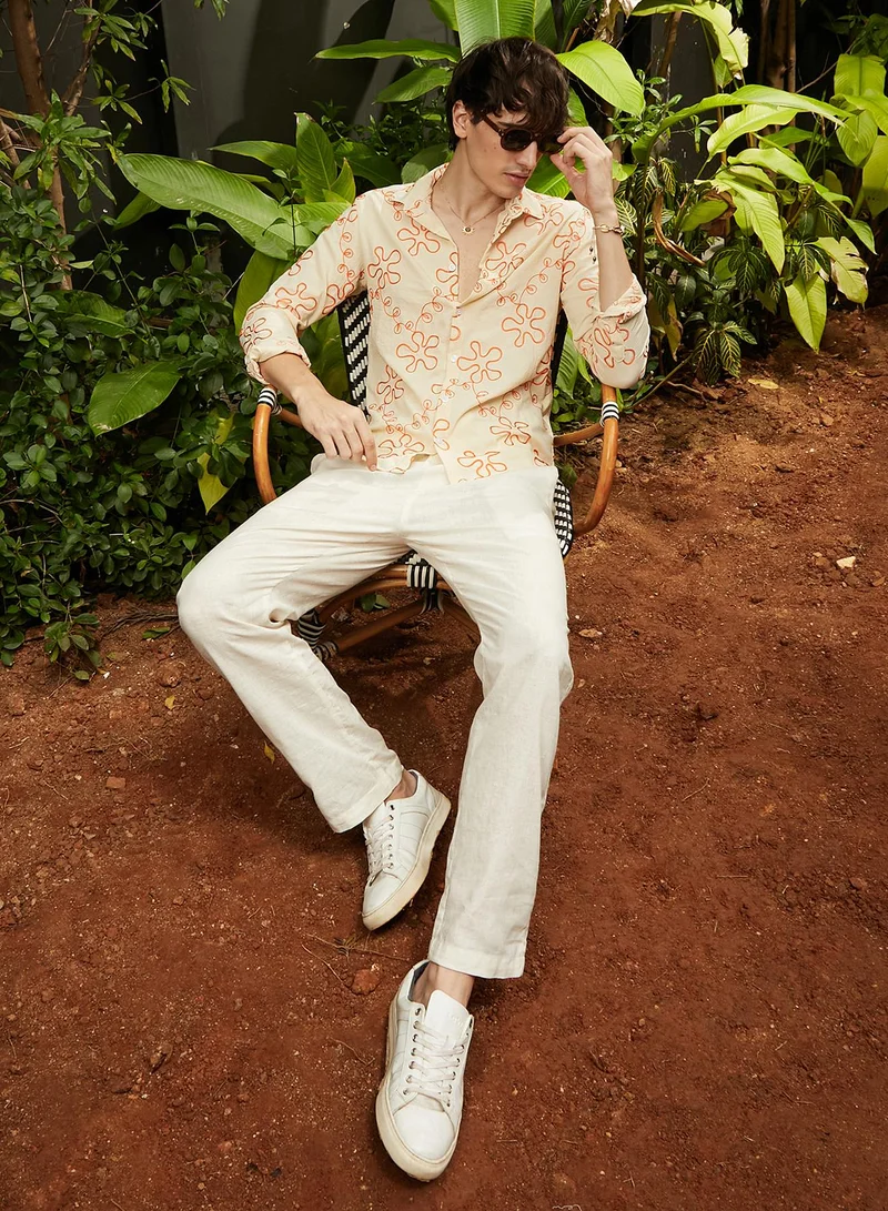 Campus Sutra Men's Peach Orange Flora-Weave Shirt