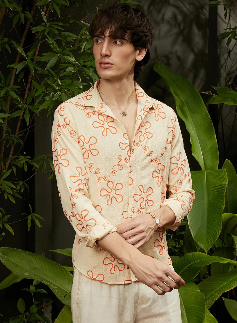 Campus Sutra Men's Peach Orange Flora-Weave Shirt