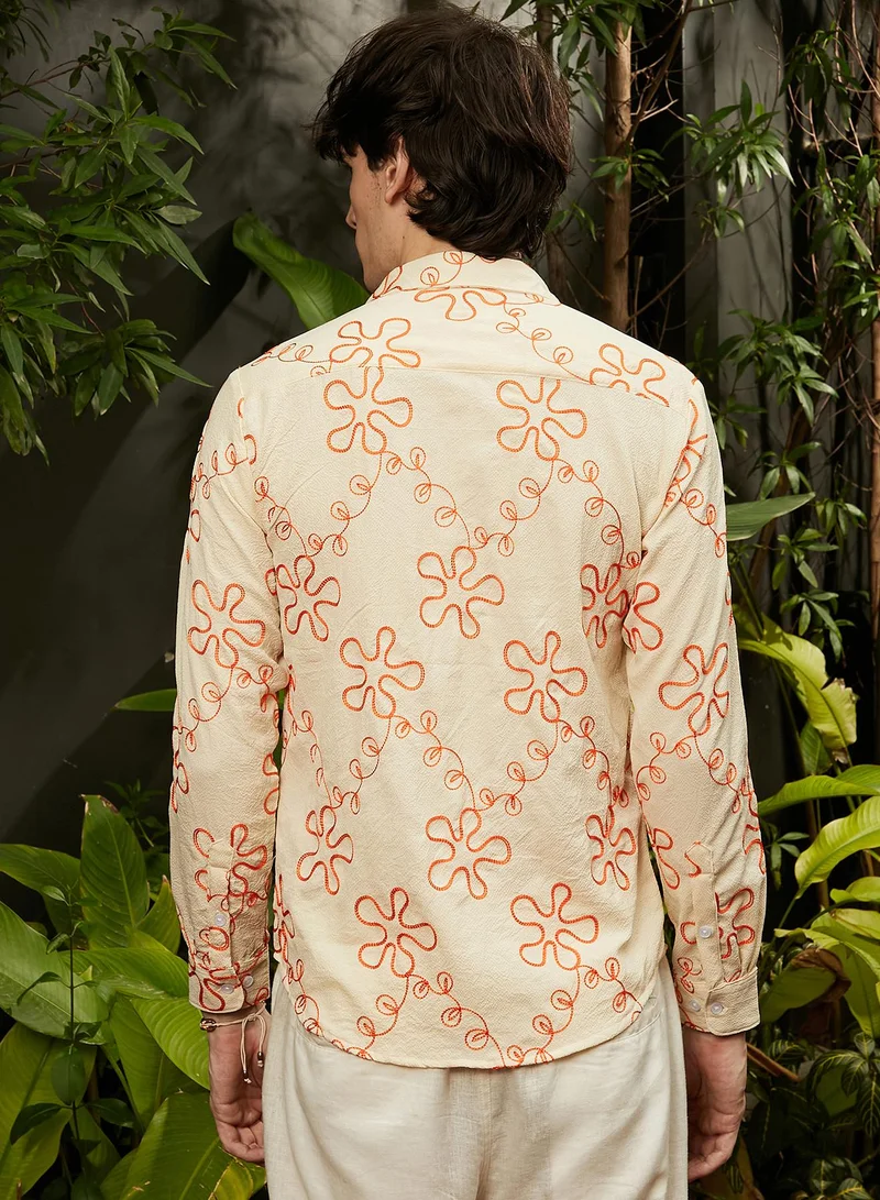 Campus Sutra Men's Peach Orange Flora-Weave Shirt