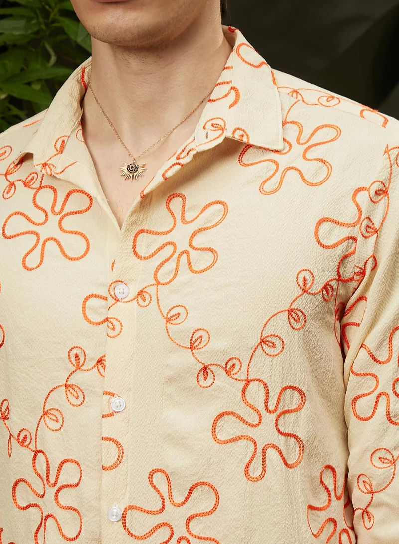 Campus Sutra Men's Peach Orange Flora-Weave Shirt