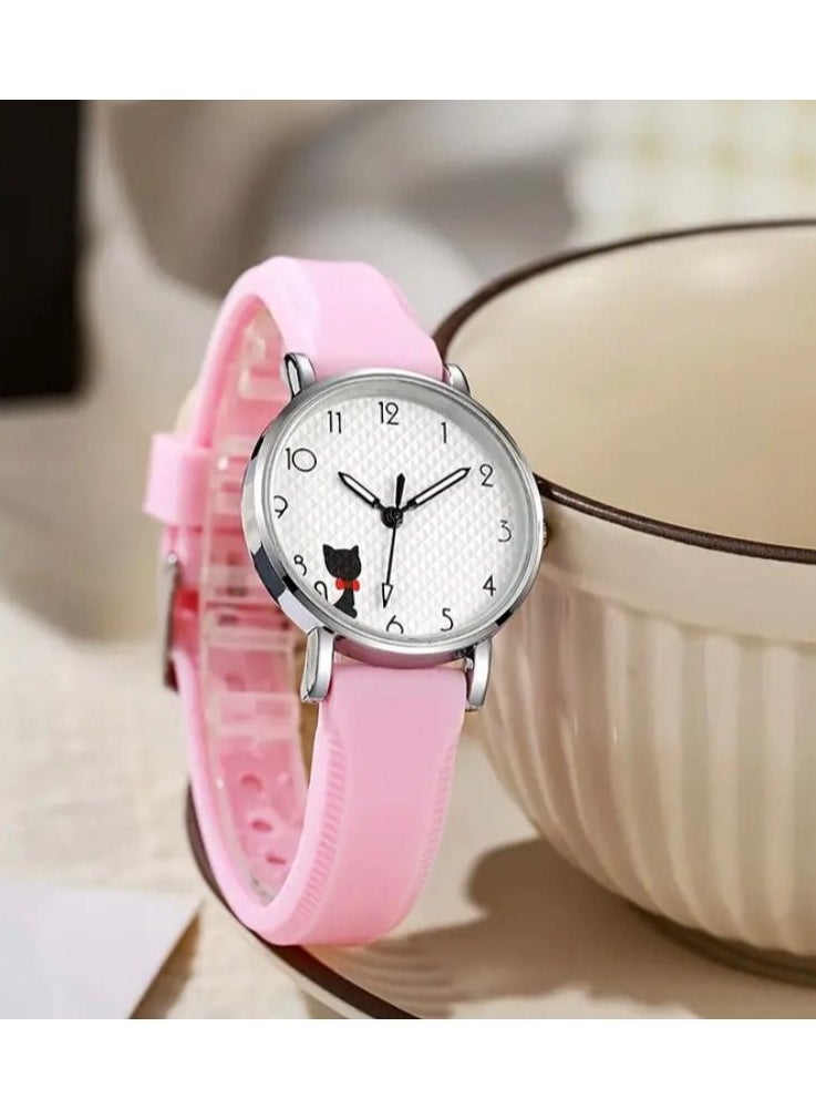 QUARTZ Women's quartz watch with a charming cartoon cat design, with a silicone strap, an attractive pink watch 