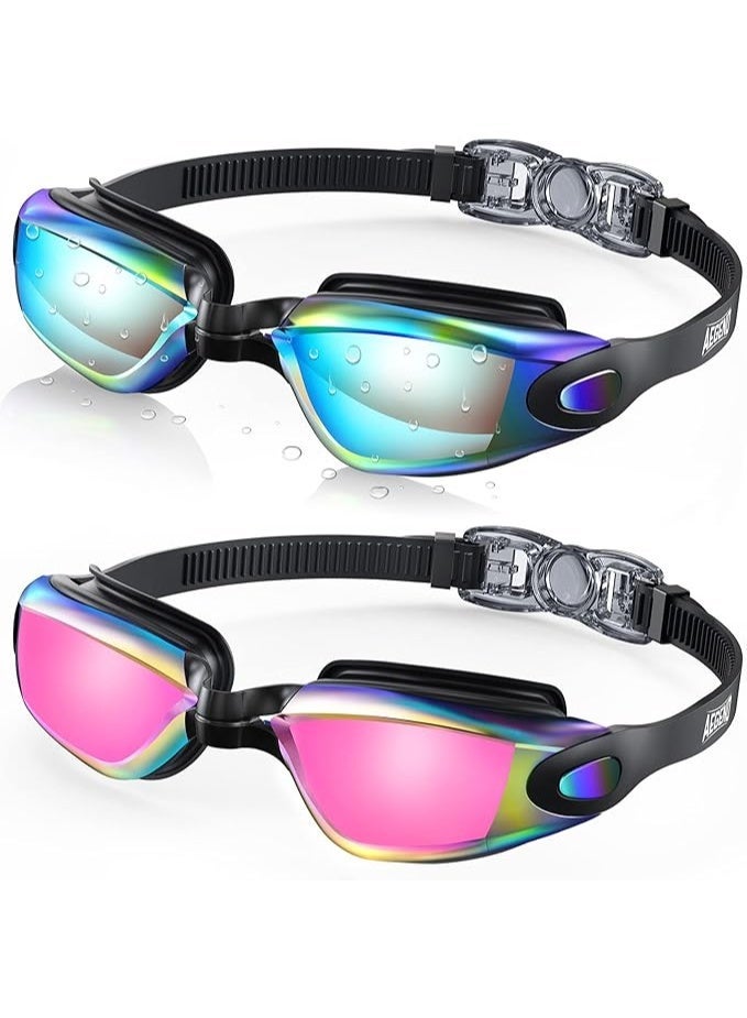 2 Pack Anti-Fog Swim Goggles for Adults Men Women Youth,anti-fog, anti-UV and waterproof, Clear & Mirrored Lenses,with Case, 2 pair of earplug nose pads - Image 1