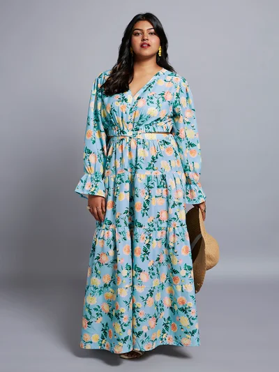 globus Gloplus Women Floral V-Neck Bishop Sleeves Cut-Out Tiered Fit & Flare Plus Size Dress