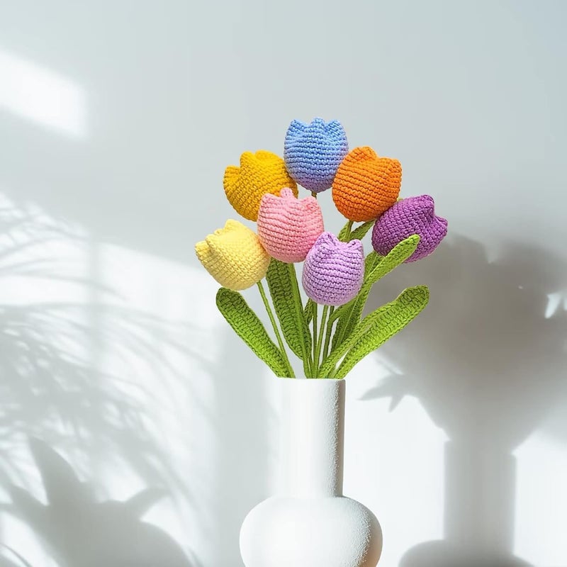 YHRY Crochet Flowers, 7PCS Fake Tulips Artificial Flowers Handmade Knitted Tulip Bouquet Crochet Flower Bouquet Table Centerpieces Gift for Women - Image 2
