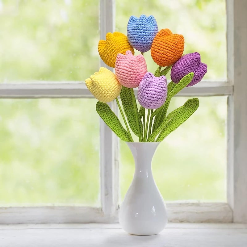 YHRY Crochet Flowers, 7PCS Fake Tulips Artificial Flowers Handmade Knitted Tulip Bouquet Crochet Flower Bouquet Table Centerpieces Gift for Women - Image 5