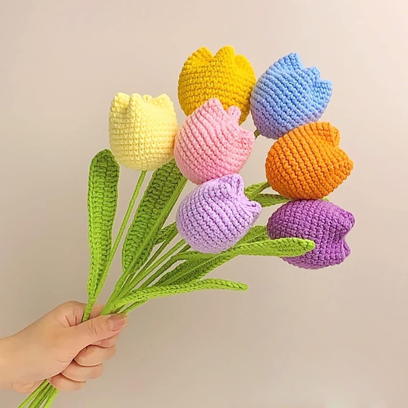 YHRY Crochet Flowers, 7PCS Fake Tulips Artificial Flowers Handmade Knitted Tulip Bouquet Crochet Flower Bouquet Table Centerpieces Gift for Women - Image 4