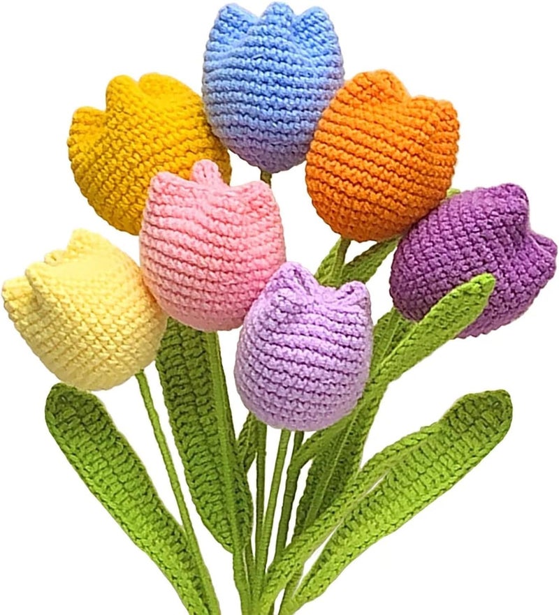 YHRY Crochet Flowers, 7PCS Fake Tulips Artificial Flowers Handmade Knitted Tulip Bouquet Crochet Flower Bouquet Table Centerpieces Gift for Women - Image 1