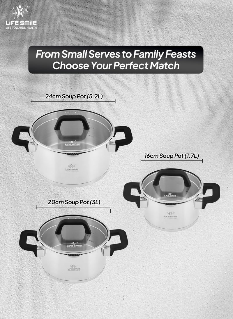 Life Smile Premium 18/10 Stainless Steel Cookware Set - Steel Pots and Pans Set Induction Kitchen Cooking Set Includes Casseroles 16/20/24cm - Image 3