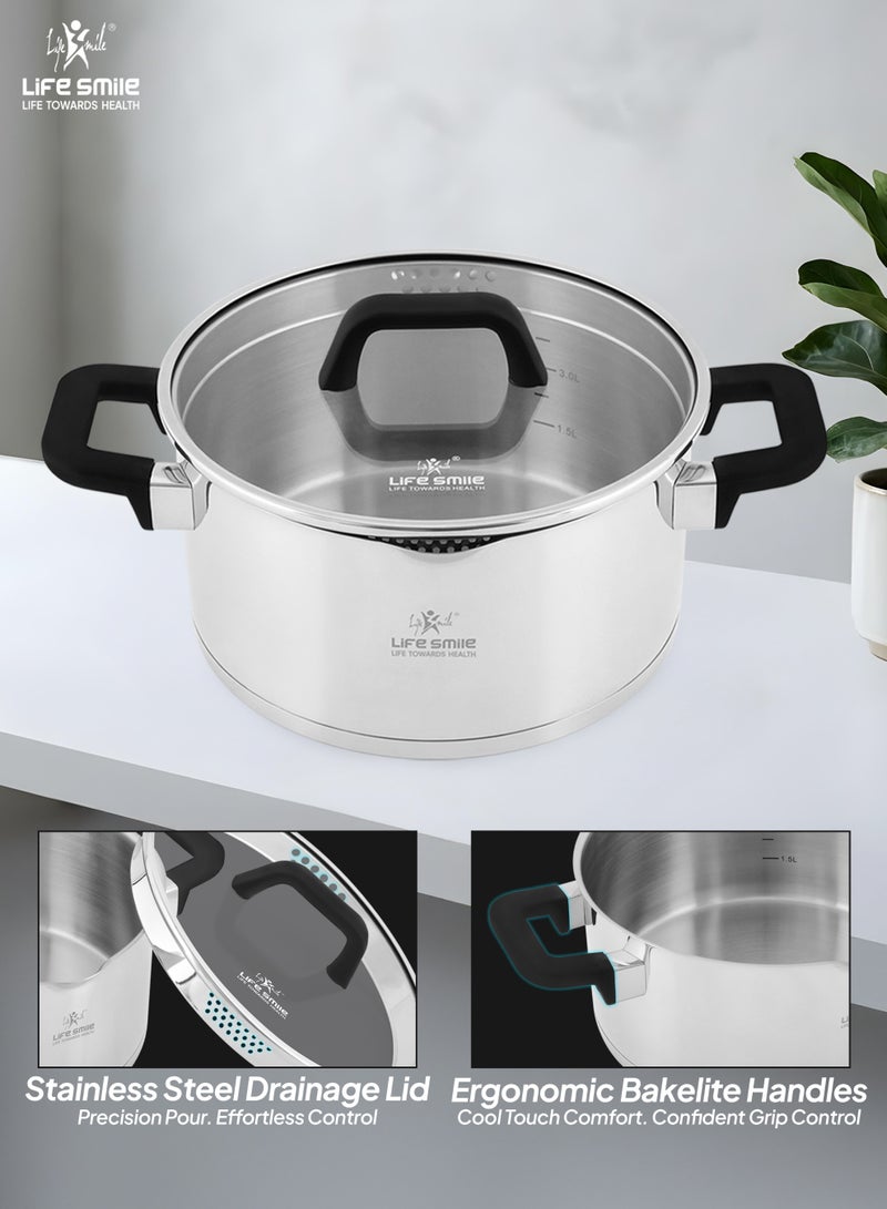 Life Smile Premium 18/10 Stainless Steel Cookware Set - Steel Pots and Pans Set Induction Kitchen Cooking Set Includes Casseroles 16/20/24cm - Image 4