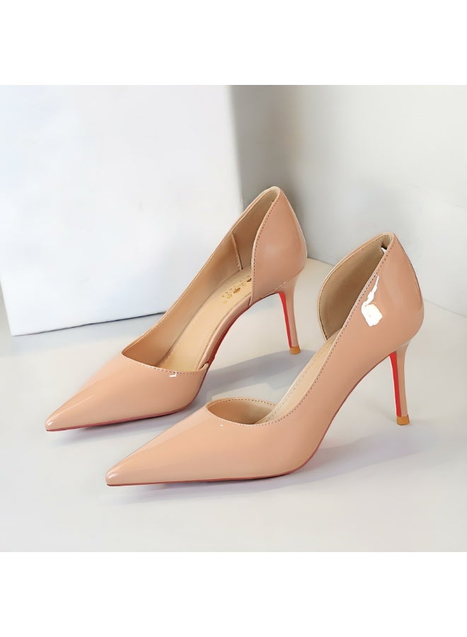 بيج تري المضخات النسائية مغلقة أشارت إصبع القدم الكعب العالي الحزب فستان الأحذية لون عاري 7.5CM