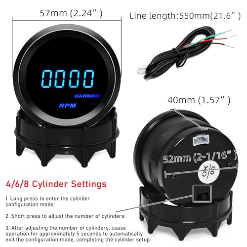 MAIMEIMI 2" 52mm Tachometer Blue Digital LED Tacho Gauge for 12V Car AUTO 4 6 8 Gasoline Cylinder (Black) - Image 2