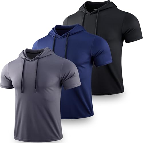 Liberty Pro 3 Pack: Men's Lightweight Short Sleeve Workout Hoodies, Athletic Dry Fit Hooded T Shirts for Gym Running (Set 1, Large) - Image 1