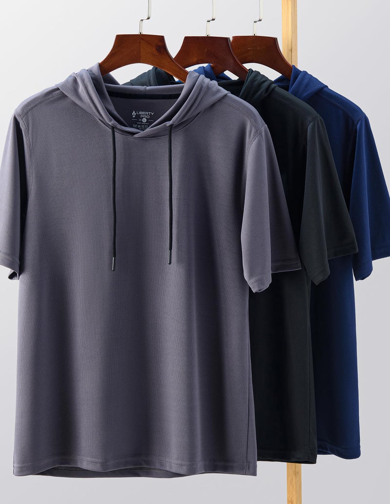 Liberty Pro 3 Pack: Men's Lightweight Short Sleeve Workout Hoodies, Athletic Dry Fit Hooded T Shirts for Gym Running (Set 1, Large) - Image 2