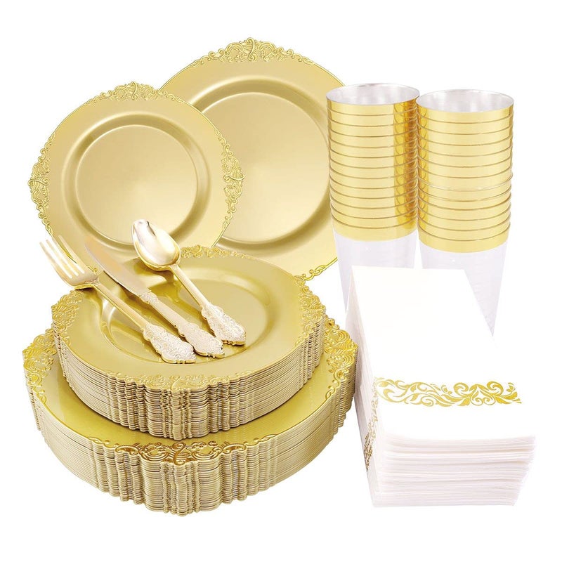 Morejoy 175PCS Solid Gold Plastic Plates  Cutlery Sets with Gold Rim  Perfect for Party  Birthday