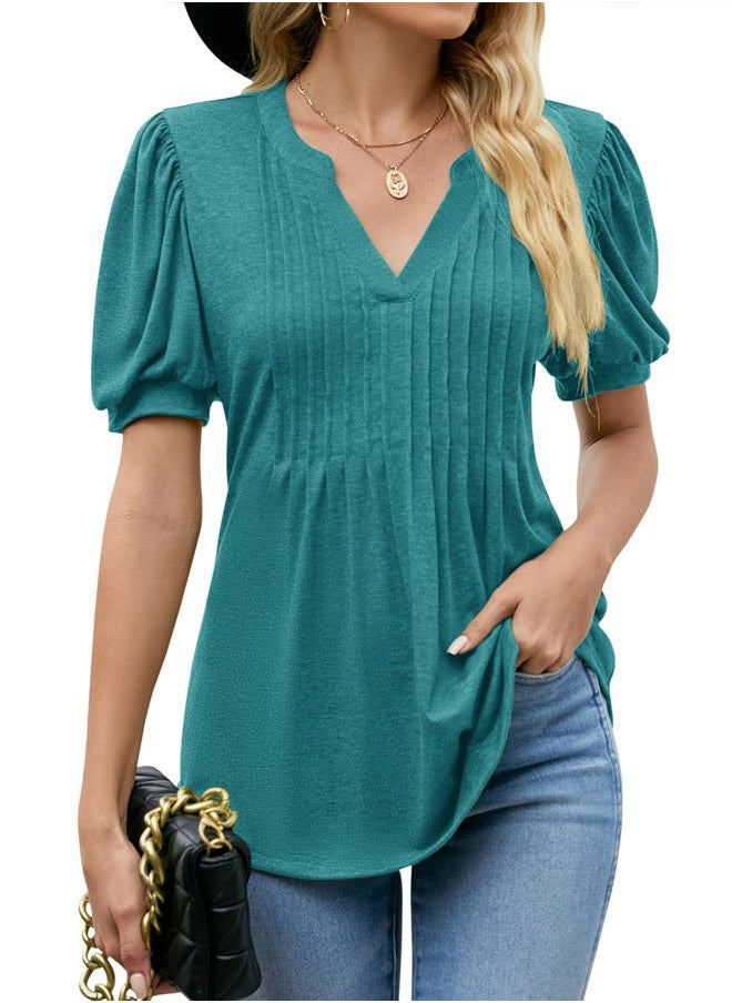 Lomon - Summer Shirts for Women 2025 Trendy Fashion V Neck Tunic Tops Short Sleeve Casual Cute T-Shirts(Peacock Blue,S) - Image 1