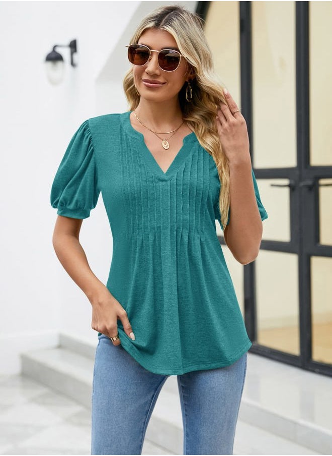 Lomon - Summer Shirts for Women 2025 Trendy Fashion V Neck Tunic Tops Short Sleeve Casual Cute T-Shirts(Peacock Blue,S) - Image 1