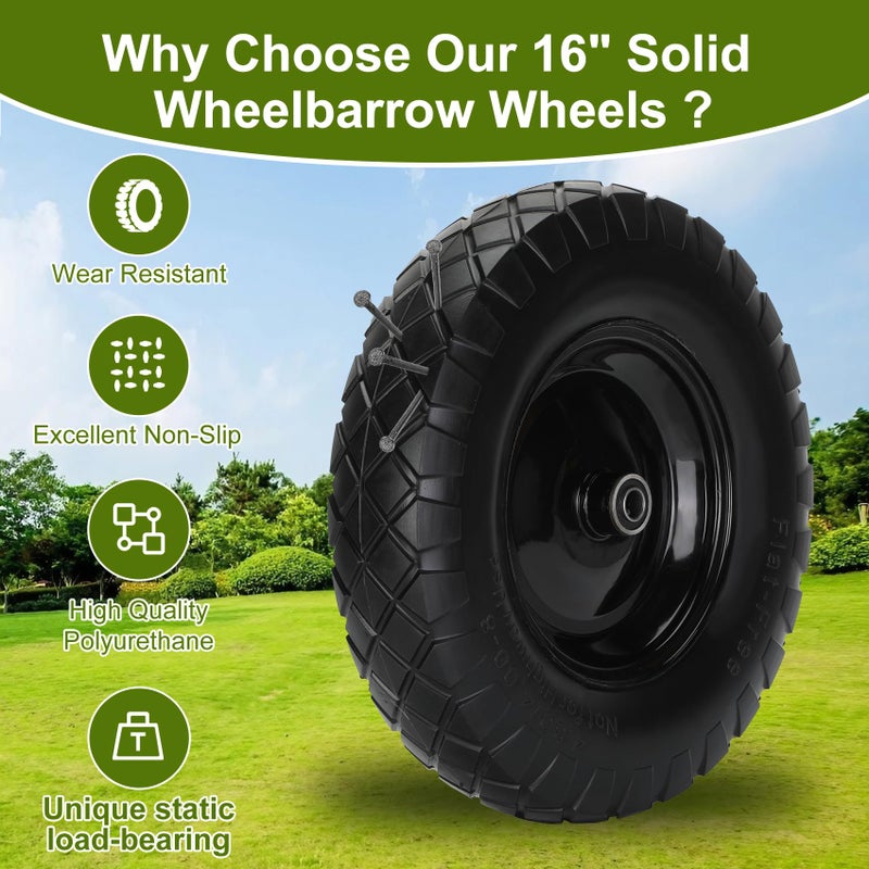 Pontuss Upgraded 16" Flat Free Wheelbarrow Wheels and Tires, 4.80/4.00-8 Solid Wheelbarrow Tires with 5/8"&3/4" Bearings,14"-16" Universal Fit Wheelbarrow Wheels for Wheelbarrows/Garden Trailer - Image 5