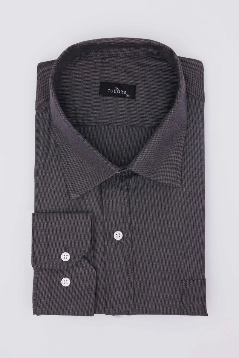 تودورس Plus Size Long Sleeve Easy Iron Tie Holder Dobby Cotton Gray Men's Shirt