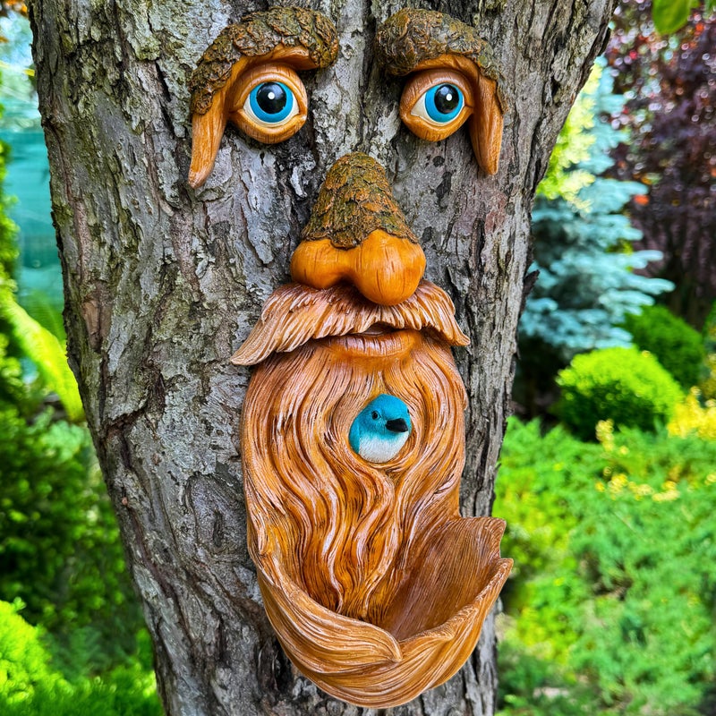 Mood Lab Tree Faces Decor Outdoor  Old Man Bird Feeder  Tree Hugger Garden Decoration  Yard Art Statues