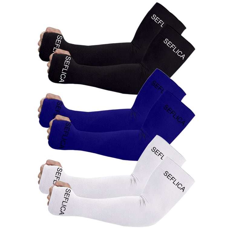 SEFLICA UV Sun Protection Cooling UPF 50 Compression Arm Sleeve for Men and Women With Thumb Hole, Arm Sleeves for Boys and Girls, For Tattoo Cover Up and Sports, 3 Pair - Black, Blue And White - Image 1
