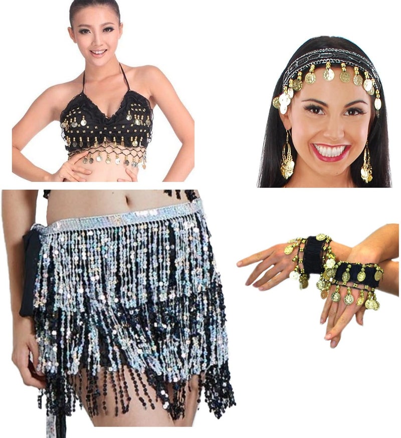Vritraz Women's Chiffon Belly Dance Hip Scarf Waistband Belt Skirt with Ringy Golden Coins (Pack of 4) - Image 1