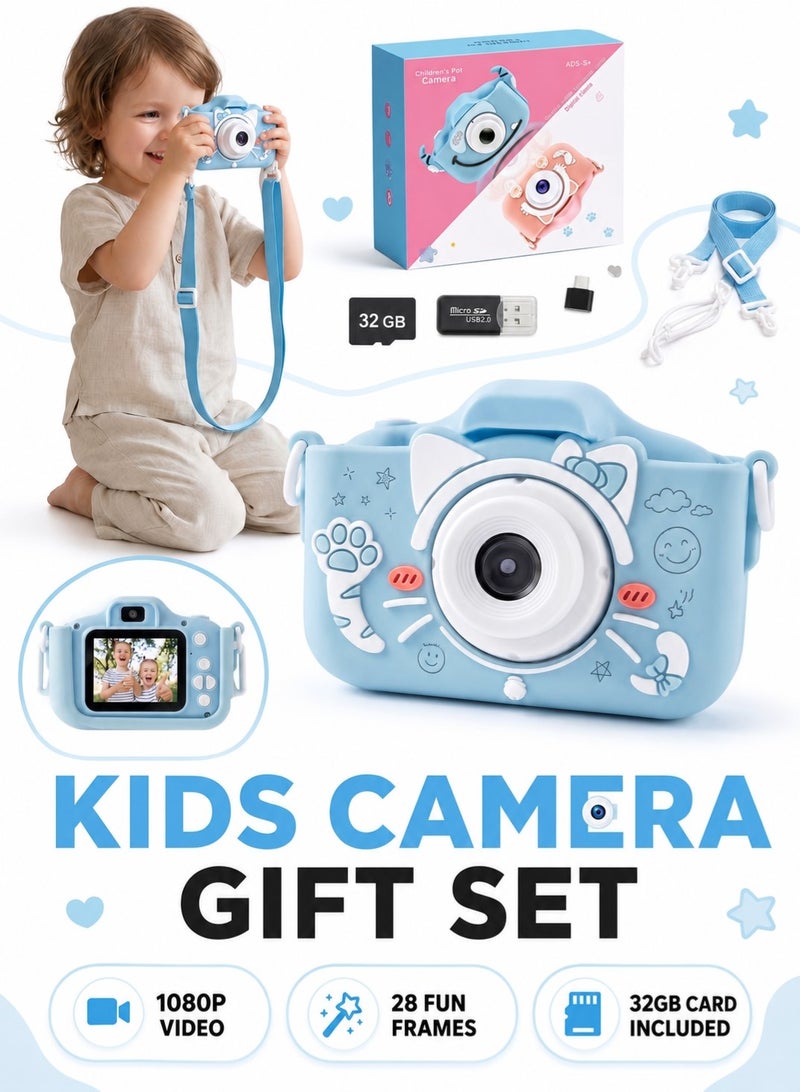 Kids Camera,1080P HD Digital Video Camera Toy for Age 6+ Boys/Girls, Birthday Festival Gifts for Kids,USB Rechargeable Kids Selfie Camera with 32GB SD Card and card reader(Blue) - Image 1