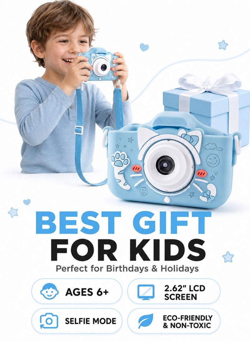 Kids Camera,1080P HD Digital Video Camera Toy for Age 6+ Boys/Girls, Birthday Festival Gifts for Kids,USB Rechargeable Kids Selfie Camera with 32GB SD Card and card reader(Blue) - Image 3