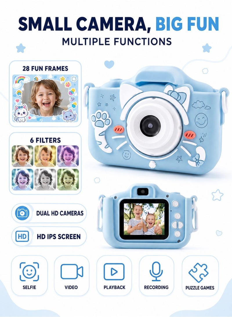 Kids Camera,1080P HD Digital Video Camera Toy for Age 6+ Boys/Girls, Birthday Festival Gifts for Kids,USB Rechargeable Kids Selfie Camera with 32GB SD Card and card reader(Blue) - Image 5