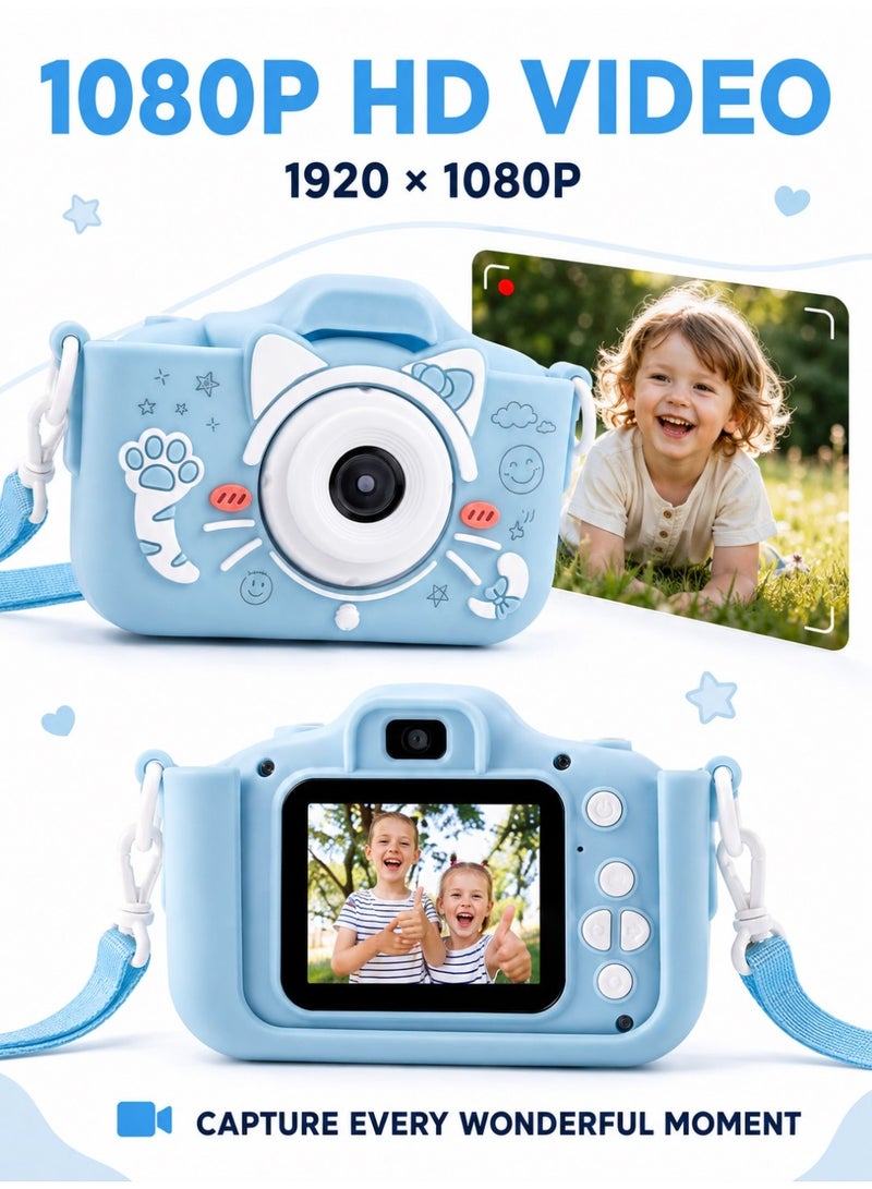 Kids Camera,1080P HD Digital Video Camera Toy for Age 6+ Boys/Girls, Birthday Festival Gifts for Kids,USB Rechargeable Kids Selfie Camera with 32GB SD Card and card reader(Blue) - Image 4