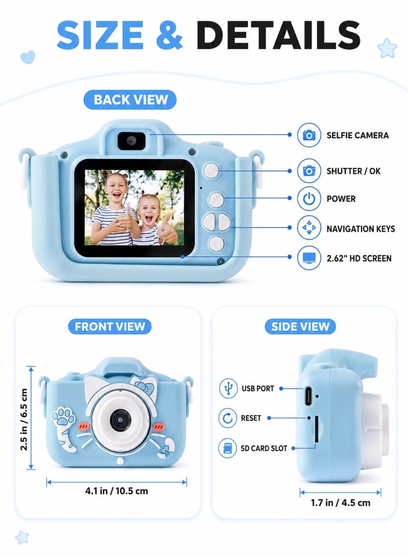 Kids Camera,1080P HD Digital Video Camera Toy for Age 6+ Boys/Girls, Birthday Festival Gifts for Kids,USB Rechargeable Kids Selfie Camera with 32GB SD Card and card reader(Blue) - Image 2