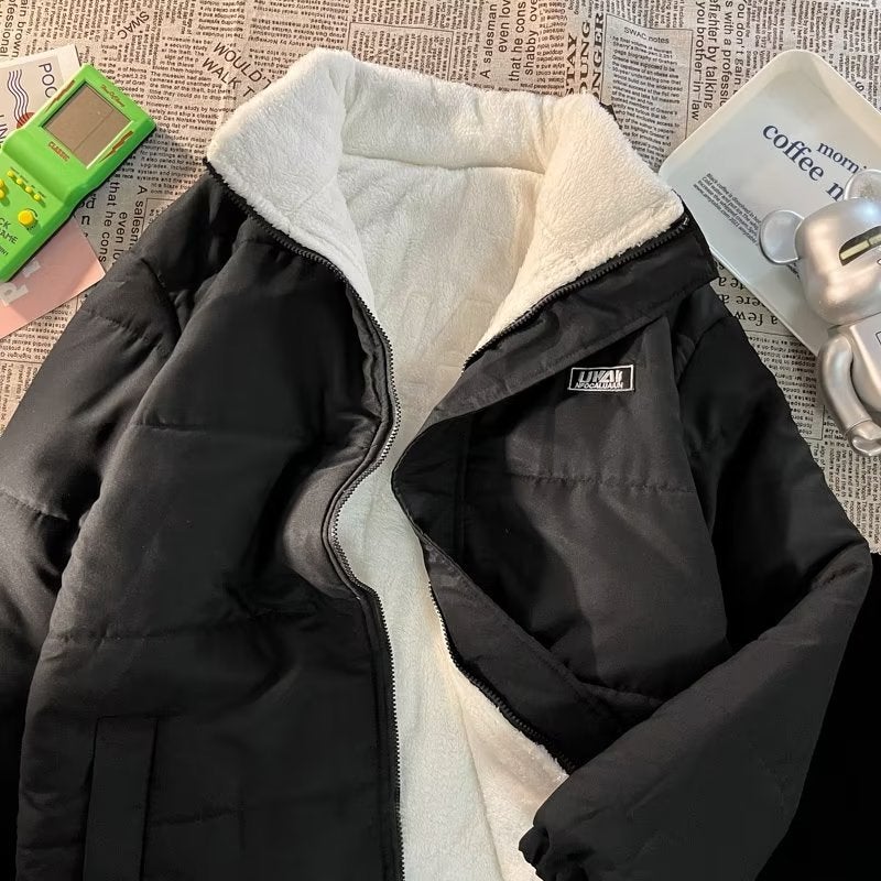 Hong Kong Style Autumn and Winter Same Style Thickened Cashmere Double-Sided Wear Coat for Men and Women American Street Hip-Hop Casual Cotton Coat White - Image 2