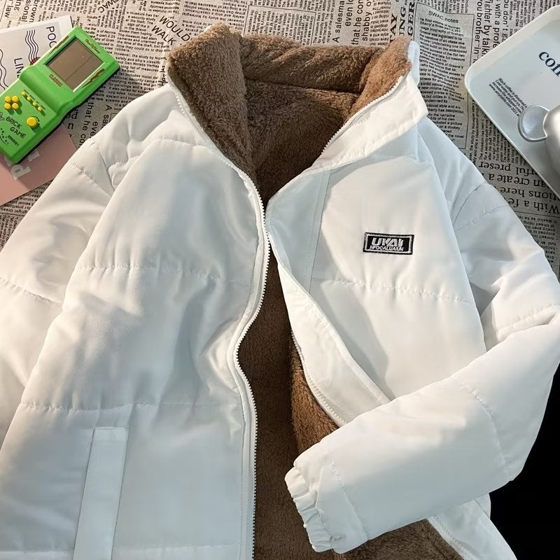 Hong Kong Style Autumn and Winter Same Style Thickened Cashmere Double-Sided Wear Coat for Men and Women American Street Hip-Hop Casual Cotton Coat White - Image 1
