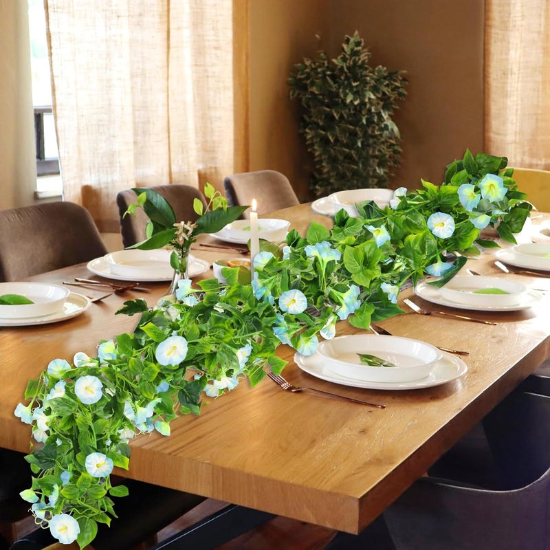 AirSun Artificial Morning Glory Flower Vines, 2pcs 15Feet Hanging Plants Silk Garland Fake Green Plant Home Garden Wall Fence Indoor Outdoor Wedding Birthday Decor (Sky-Blue) - Image 3