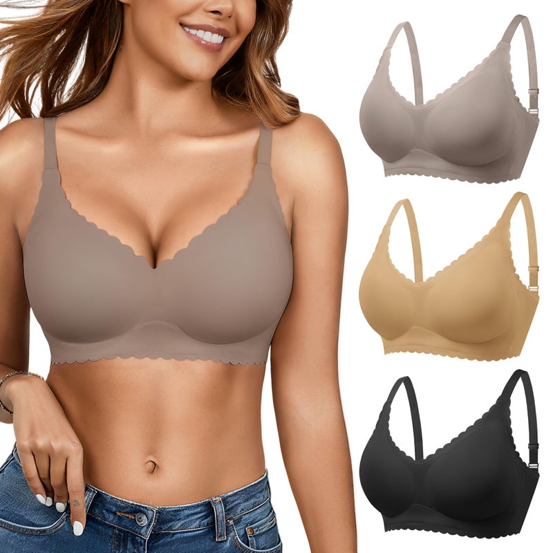 DEANGELMON Wireless Seamless Bras for Women with Support - No Wire Push Up Womens Bra - No Underwire Padded Comfort Bralettes Breast Lift for Back Fat - Coverage Comfortable Bralette Wirefree 3 Pack(3P3,L) - Image 1