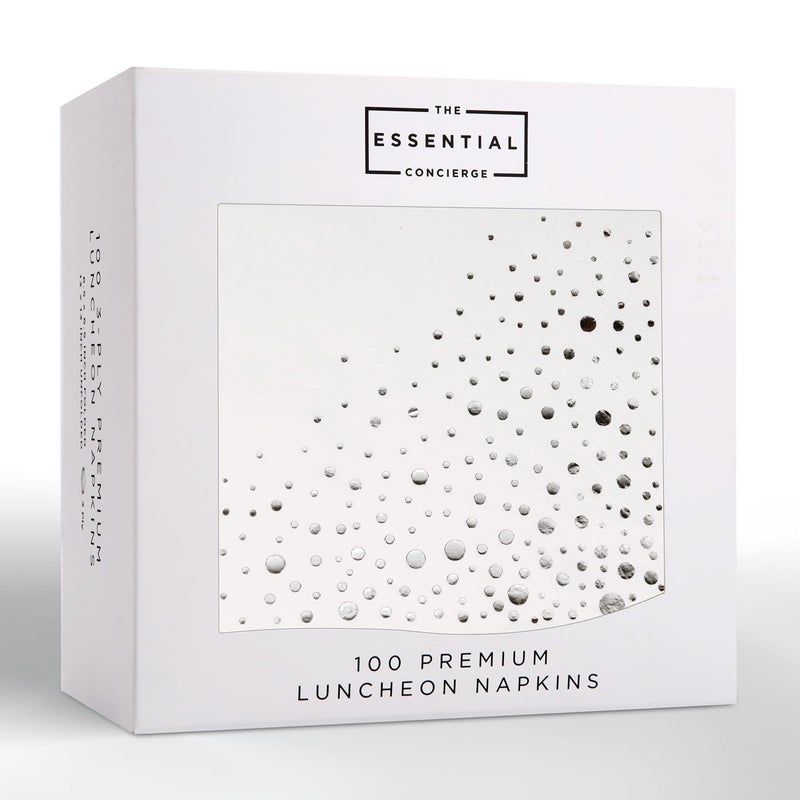 The Essential Concierge 100 Pack of White and Silver 65 x 65 Inch Silver Napkins  3 Ply Disposable Party Napkins for Wedding Anniversary or Everyday Use