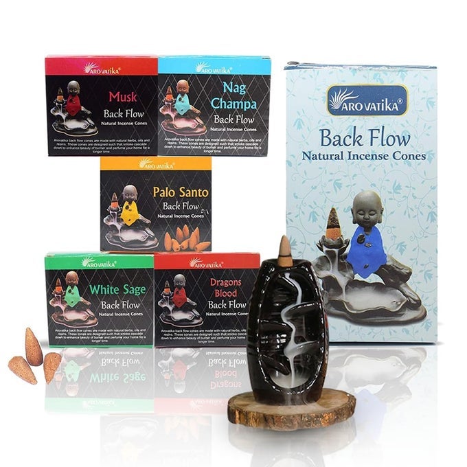 BACKFLOW NATURAL MASALA 50 PACK A INCENSE CONES 5 DIFFERENT ASSORTED FRAGRANCES OF NAG CHAMPA WHITE SAGE DRAGONS BLOOD PALO SANTO MUSK BURN TIME APPROX 1618 MINS