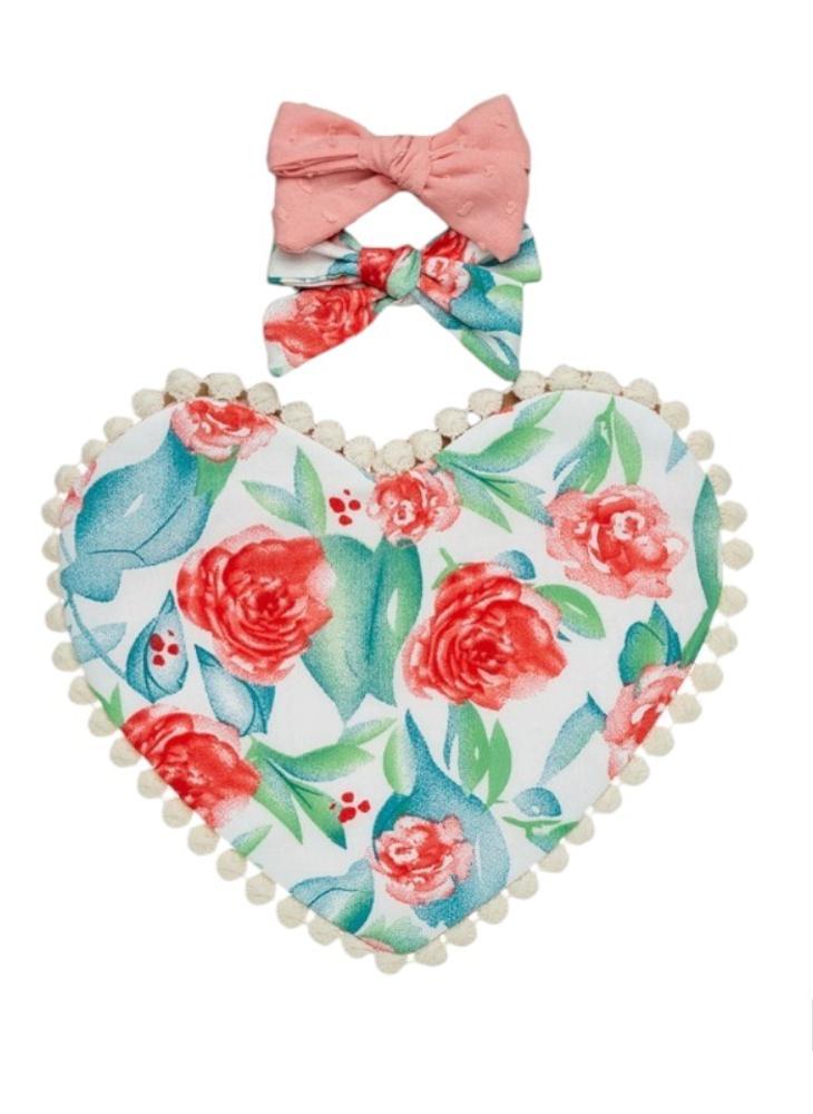 Bambimici Amara Heart Shaped Baby Bib And Ribbon Bow Headband Set Floral Blue - Image 1