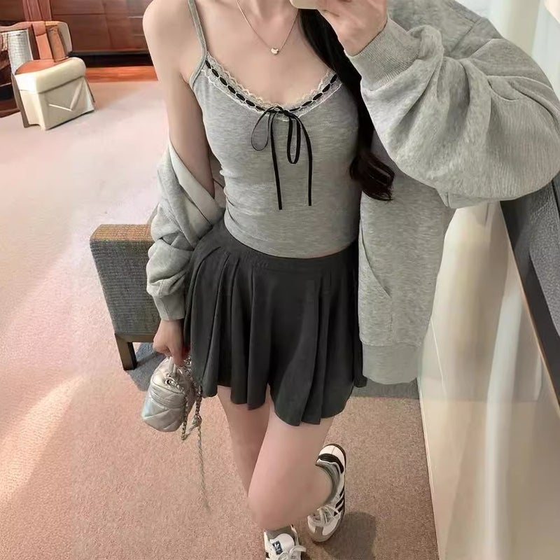 Women's Lace Camisole Top with Bow, Slim Fit, Short Length - Image 3