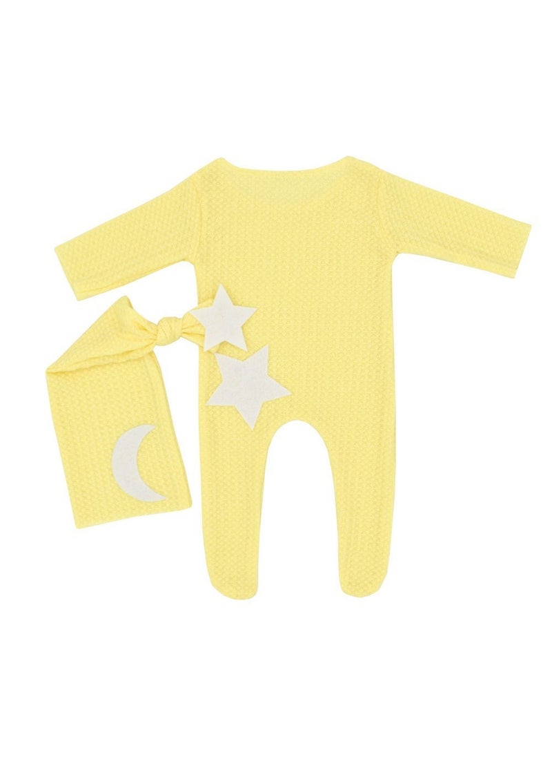 Newborn Photographic Suit Star Moon Decorative Knitted Boomsuit Long Tail Hat Two-Piece Suit Photo Studio Photographic Suit Goose yellow