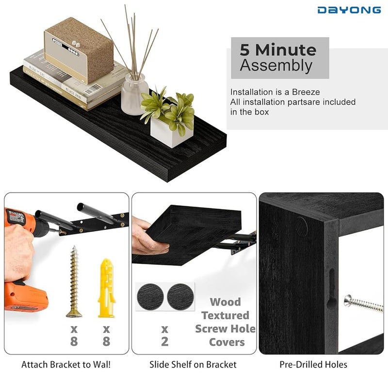 DAYONG Floating Wall Shelf, 15.8in Floating Shelves Set of 4, Modern Wood Shelves for Wall Decor, Hanging Shelf with Invisible Brackets for Bedroom, Living Room, Bathroom (Black) - Image 5