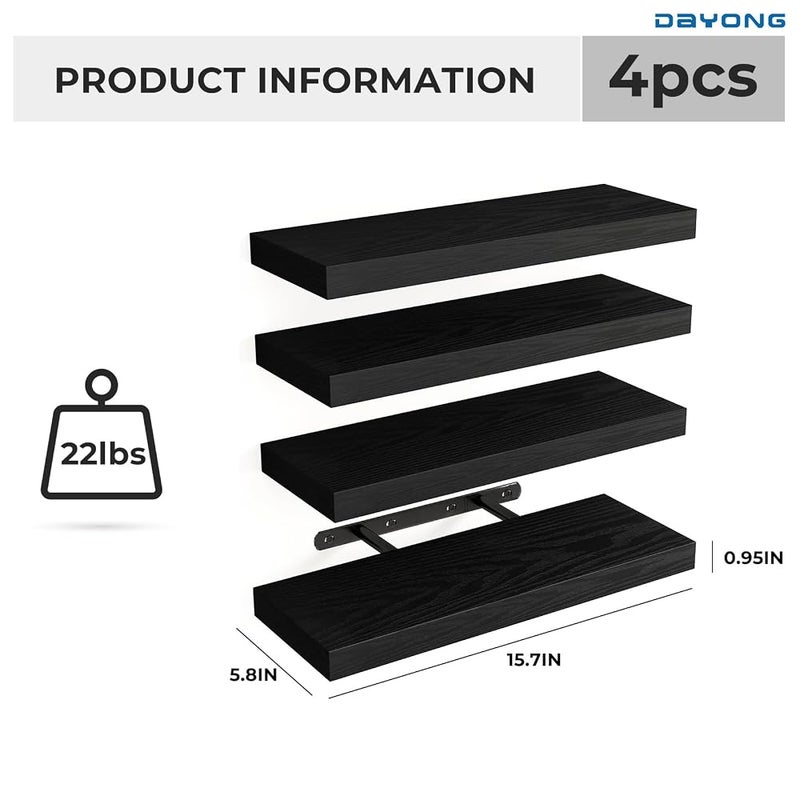 DAYONG Floating Wall Shelf, 15.8in Floating Shelves Set of 4, Modern Wood Shelves for Wall Decor, Hanging Shelf with Invisible Brackets for Bedroom, Living Room, Bathroom (Black) - Image 2