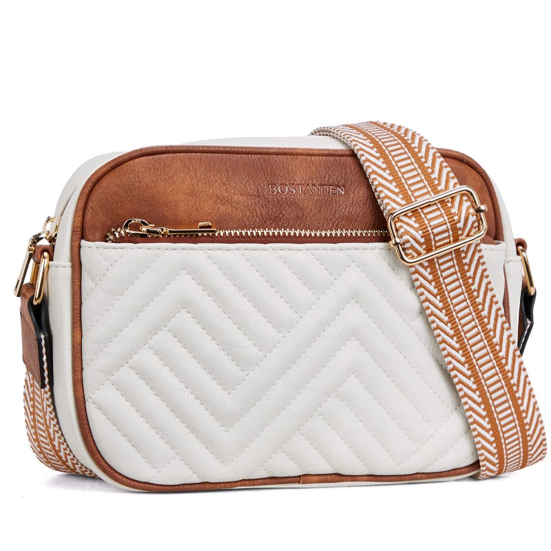 BOSTANTEN Quilted Crossbody Bags for Women Vegan Leather Purses Small Shoulder Handbags with Wide Strap Beige with Brown - Image 1