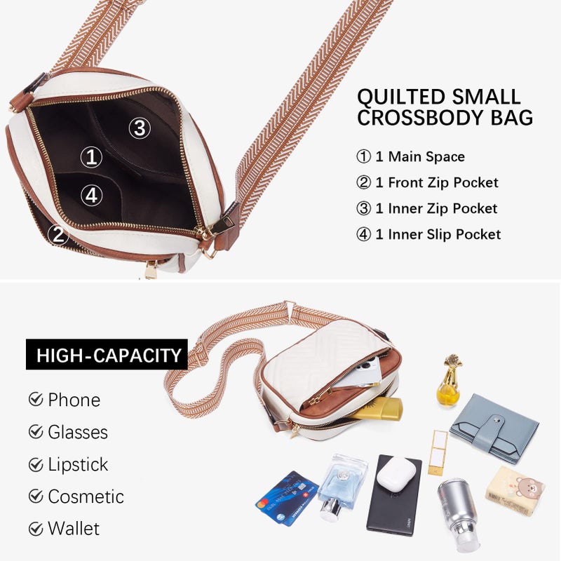 BOSTANTEN Quilted Crossbody Bags for Women Vegan Leather Purses Small Shoulder Handbags with Wide Strap Beige with Brown - Image 5