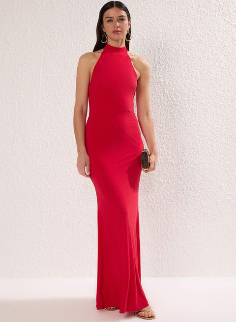 Red Buckle Detailed Maxi Elegant Evening Dress Graduation Dress