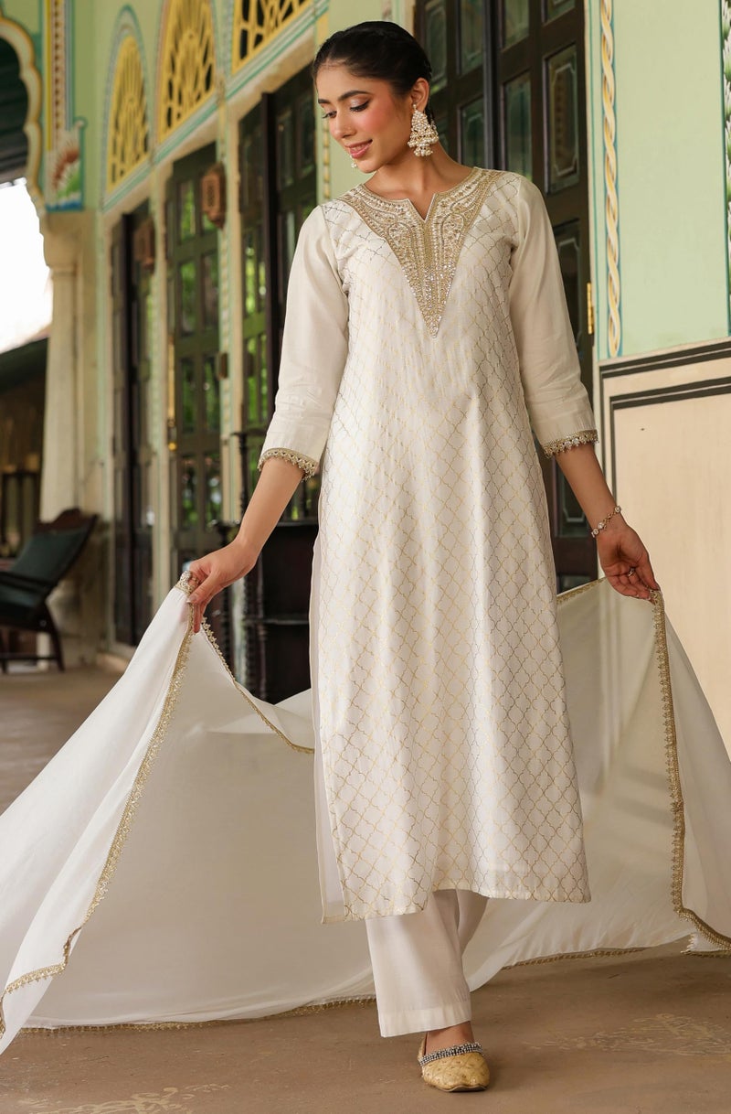 Janasya Women's Off White Chanderi Silk Gold Zari Yoke Embroidered Straight Kurta Set(JAB25ST02849-S) - Image 5