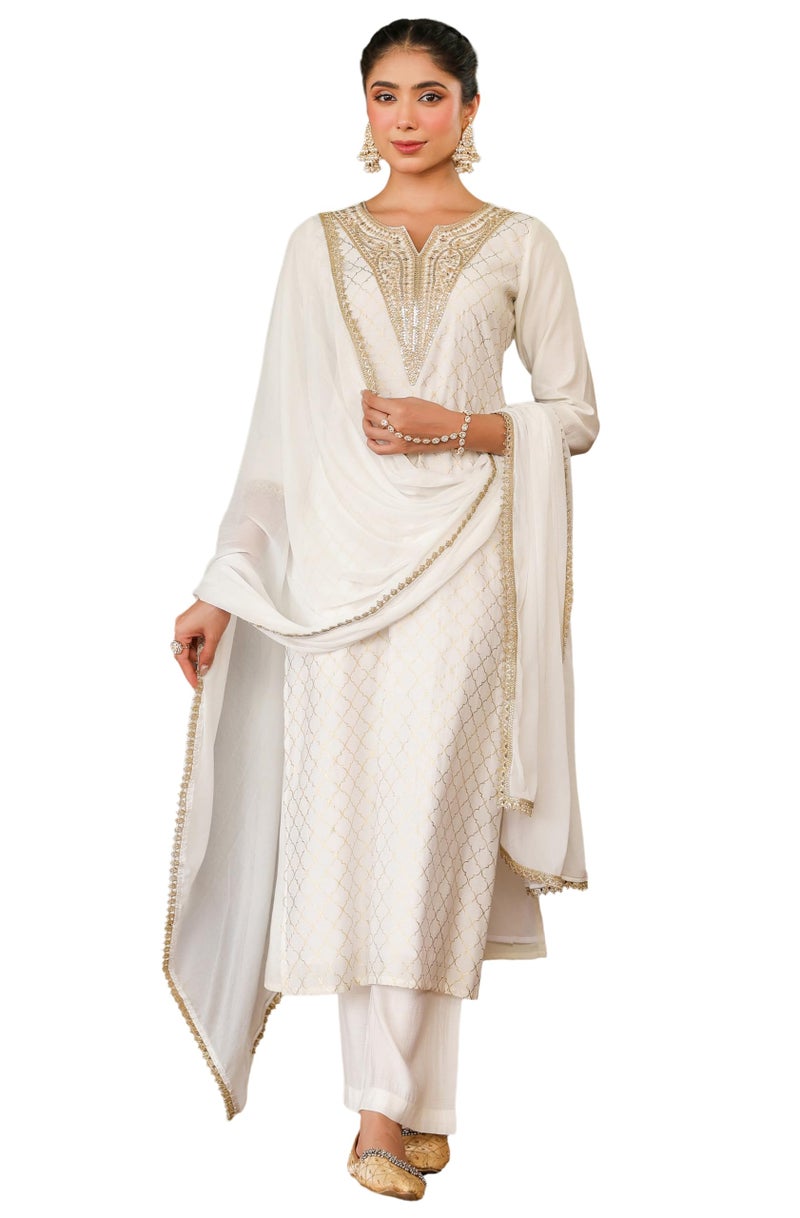 Janasya Women's Off White Chanderi Silk Gold Zari Yoke Embroidered Straight Kurta Set(JAB25ST02849-S) - Image 1