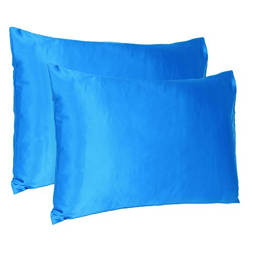 Oussum Satin Silk Pillowcase Pillow Case Covers with Envelop Closure for Hair and Skin Home Bed Decor Set of 2 Pillowcase Free 3 pcs scrunchies (Queen, Blue Aster) - Image 1