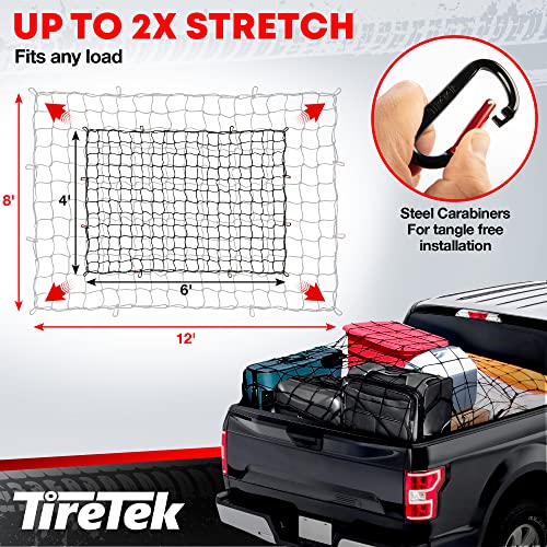 TireTek Cargo Net for Pickup Truck Bed (4' x 6' Stretches to 8' x 12') Heavy Duty Pickup Truck Bed Accessories - 2 Metal Carabiners, Bungee Mesh Accessory with Strap Hooks for SUV, Trailer Tarp - Image 2