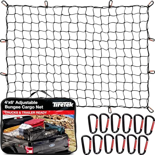 TireTek Cargo Net for Pickup Truck Bed (4' x 6' Stretches to 8' x 12') Heavy Duty Pickup Truck Bed Accessories - 2 Metal Carabiners, Bungee Mesh Accessory with Strap Hooks for SUV, Trailer Tarp - Image 1
